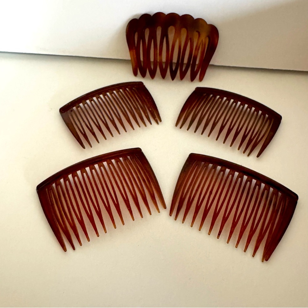 Vintage Set of 5 Plastic Hair Side Combs Translucent Brown